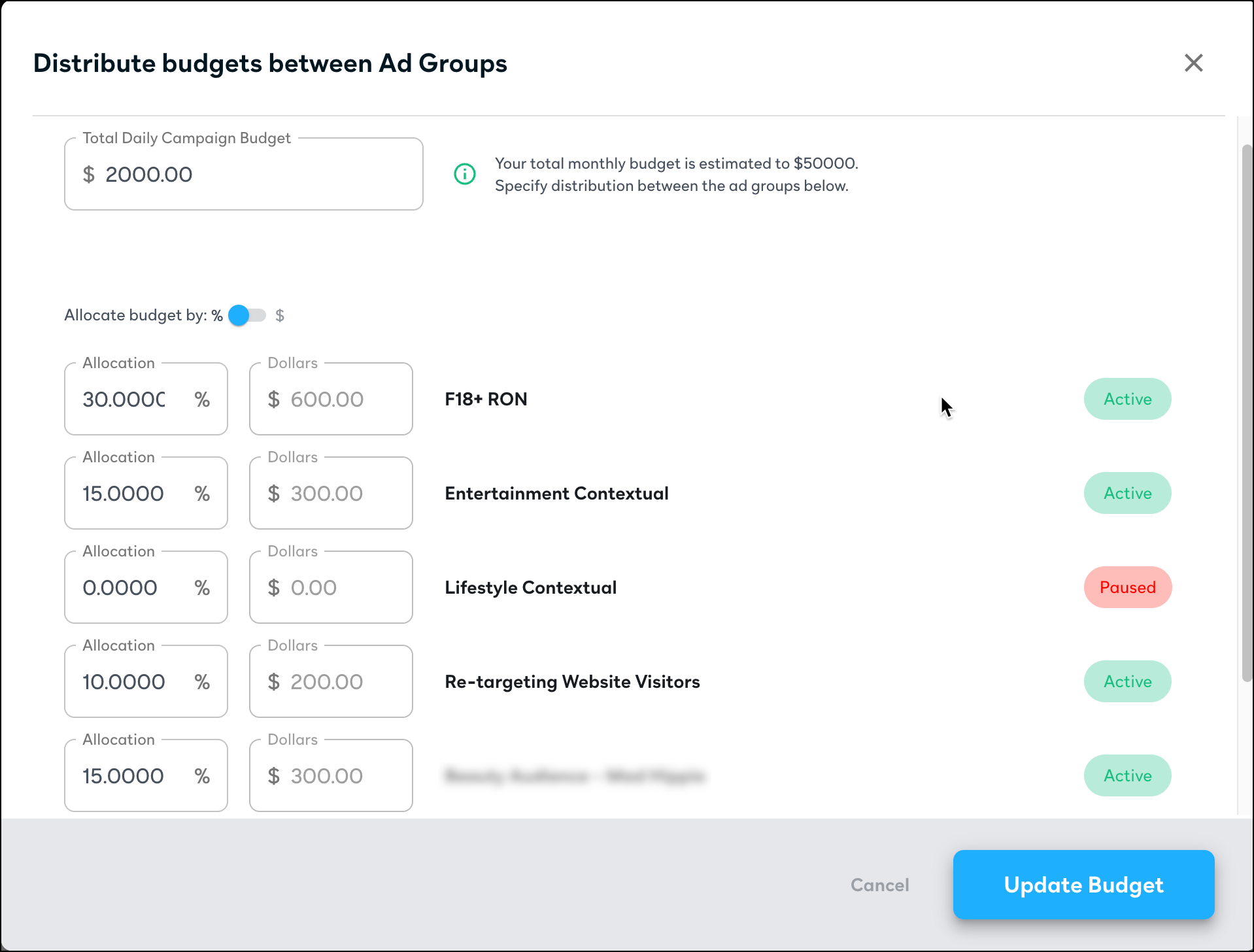 Screenshot of the modal where you allocate your budget across ad groups. It shows total budget and all ad groups with allocation and status.