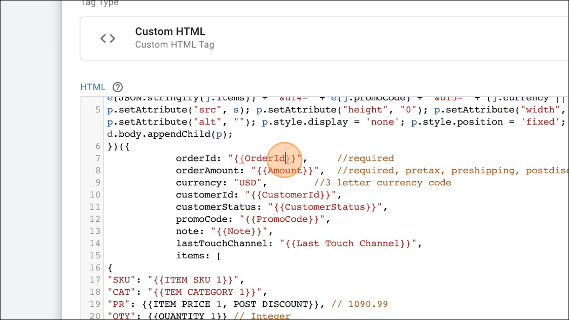 Screenshot of Google Tag Manager with example code in the HTML field with double curly brackets highlighted.