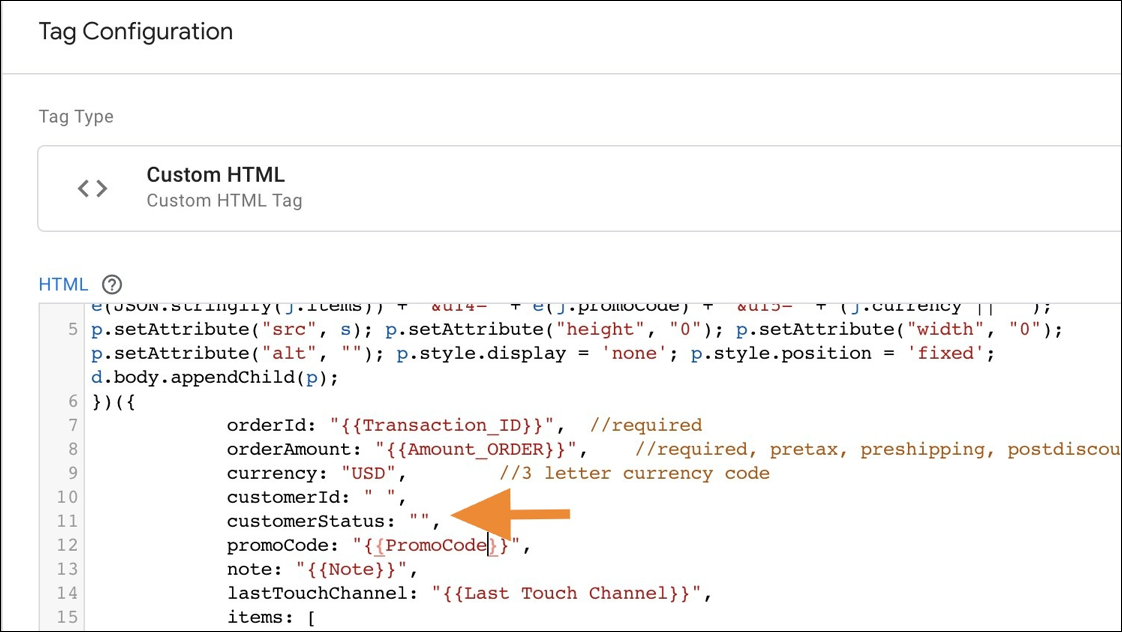 Screenshot of Google Tag Manager with sample code in the HTML field. An example of a dynamic field is highlighted.