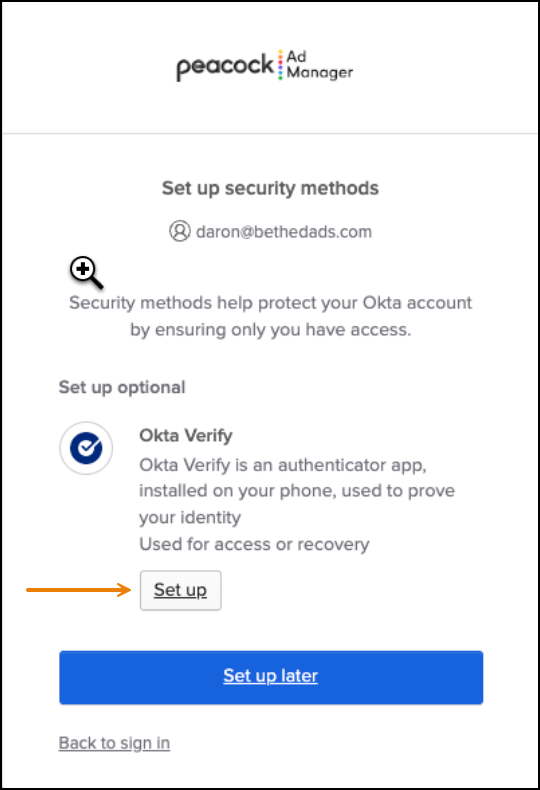 Screenshot of the Set up Security popup with the link to set up Okta Verify.