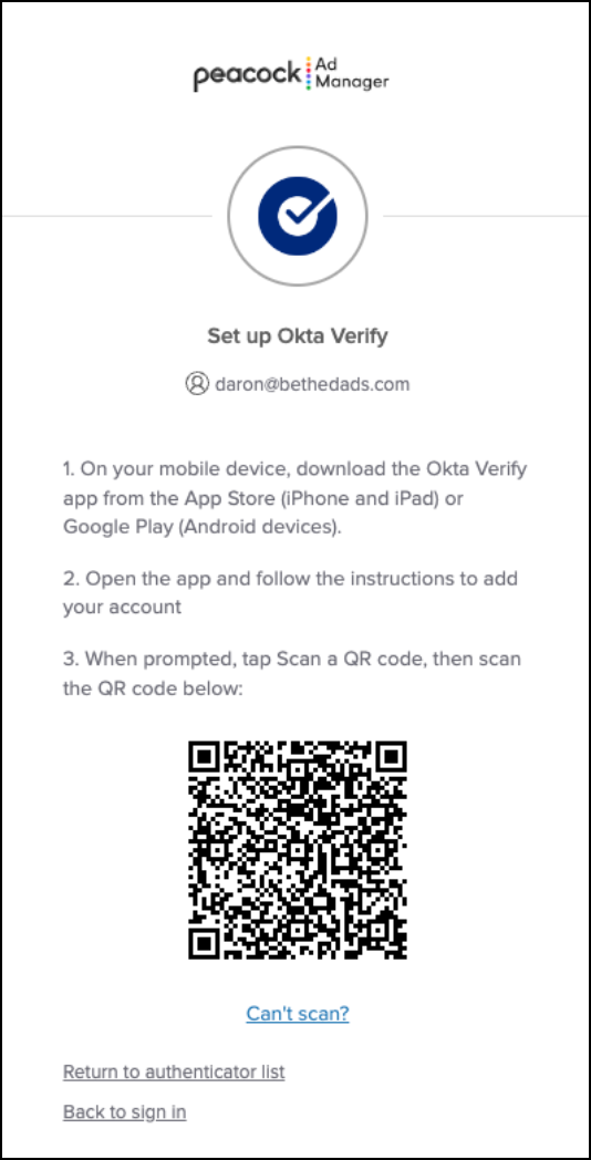 screnshot of Okta Verify setup screen with the necessary QR code for Peacock Ad Manager.