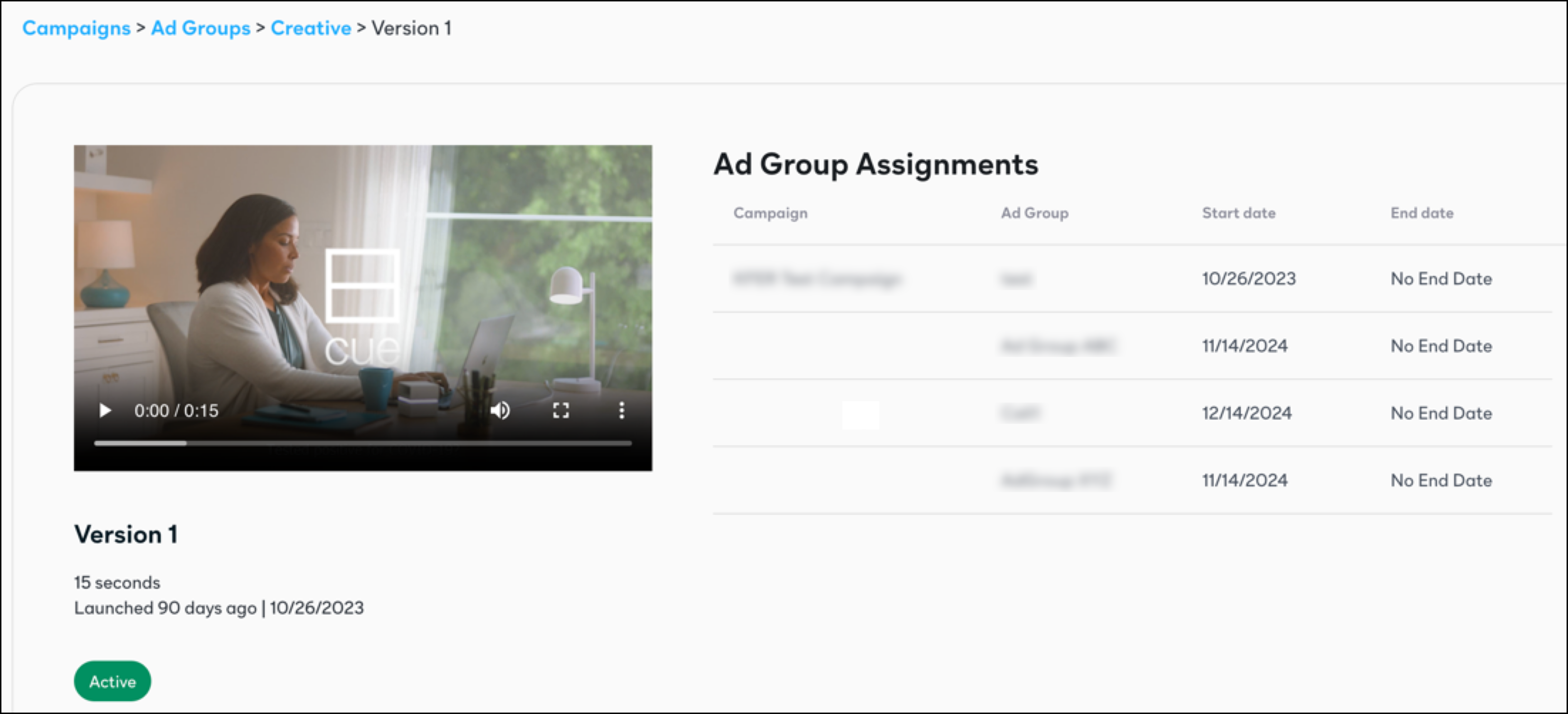 Screenshot of the creative preview screen. It shows a video player where you can play the creative as well as all the ad groups where this creative is used.