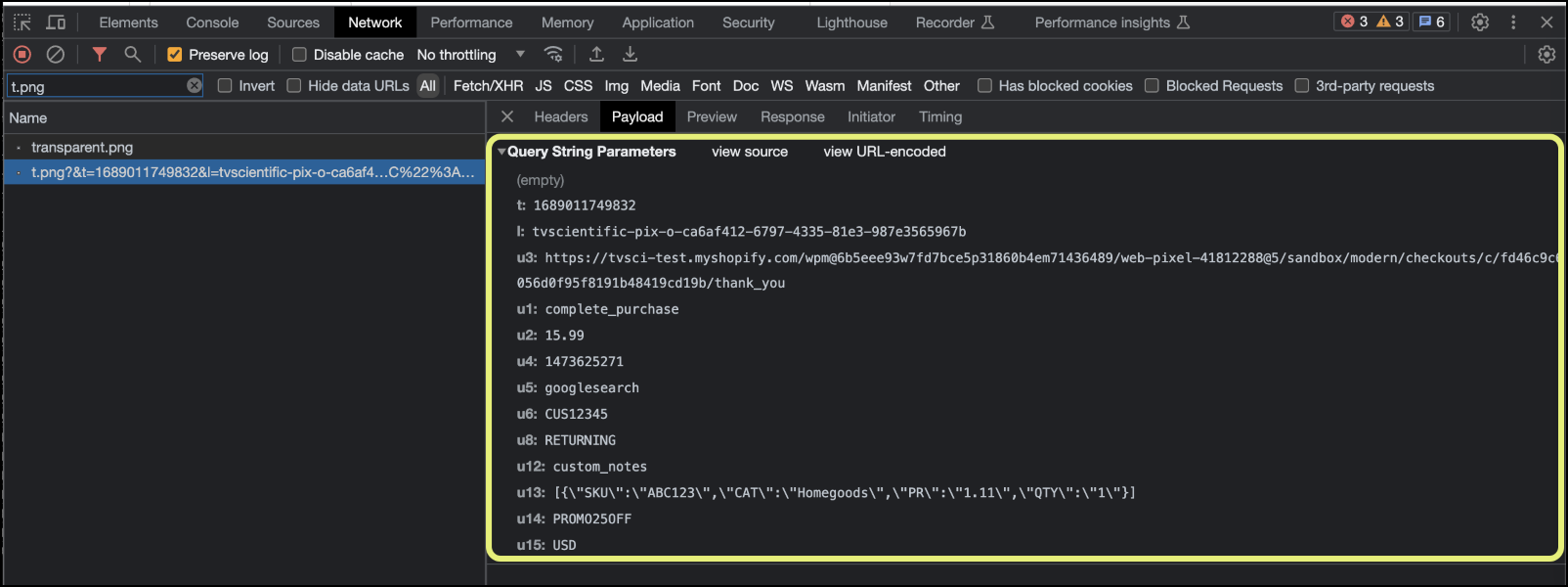 Screenshot of the Developer Tool screen. The Payload tab is shown with a callout to the tvScientific ID.